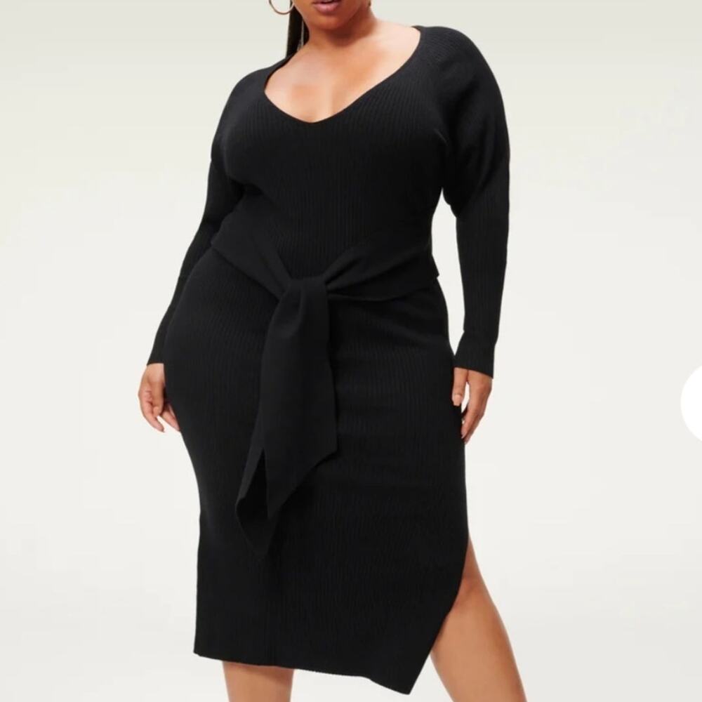 Good American Sweater Dress Midi Black Ribbed Knit Long Sleeve V-Neck New